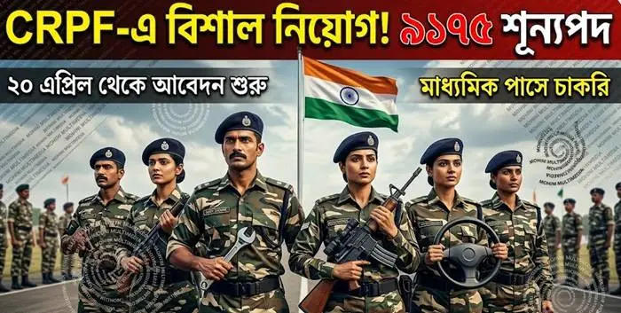 CRPF Constable Tradesmen Recruitment 2026 thumbnail showing male and female jawans with the Indian flag, mentioning 9175 vacancies and April 20 application start date in Bengali.